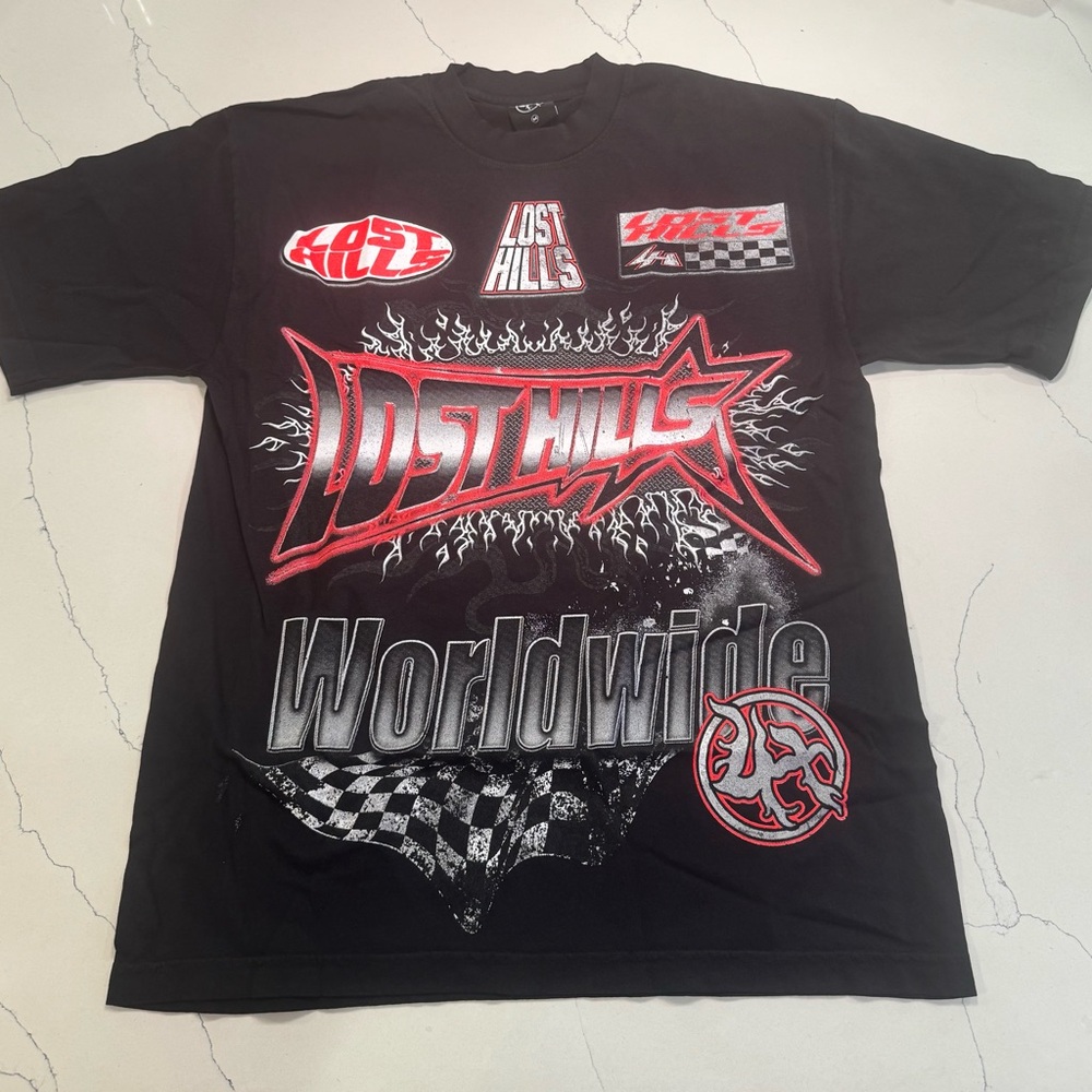 Lost Hills Black T-Shirt with Red and White Graphics - M